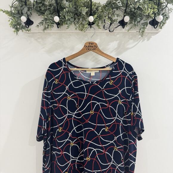 Michael Kors Handkerchief Logo Rope Print Border Dress Midnight Blue Size 3X QQ3 - Picture 2 of 4